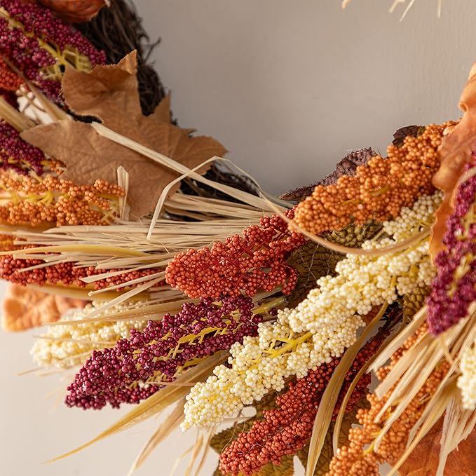 Glitzhome 24" D Fall Sorghum Wreath with Metal Hanger, Harvest Wreath for Front Door, Fall Door Wreaths for Indoor Outdoor Thanksgiving Harvest Holiday Decorations-HomvellaHome