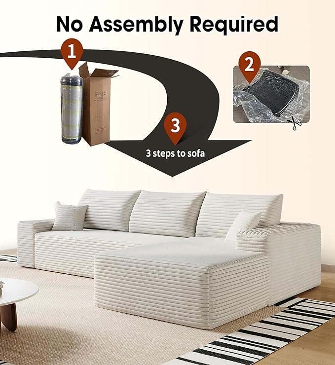 108" Sectional Couches for Living Room Modern Modular Sofa with L-Shape Couchs Upholstered Boneless Couch Deep Seat Sectional Couch with Chaise (White, Right Facing Chaise+2Seaters)-HomvellaHome