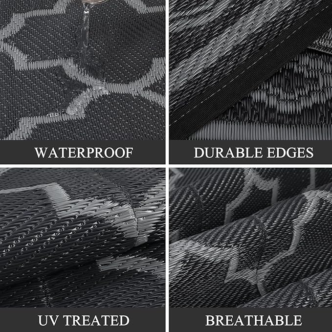 GAOMON Reversible Outdoor Rug 9'x18' Waterproof Plastic Straw Rug, Patio Rug, Large Modern Area Rug Carpet, Indoor Outdoor Rugs for Camping, Porch, Deck, Balcony, Backyard, Black/Grey(Geometric)-HomvellaHome