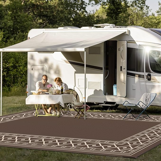 GENIMO Outdoor Rug Waterproof for Patio, 10'x14' Foldable Reversible Plastic Straw Carpet for Travel Trailers, Outside Area Mat for Rv, Deck, Picnic, Porch, Camper, Balcony, Beach, Coffee & Beige-HomvellaHome