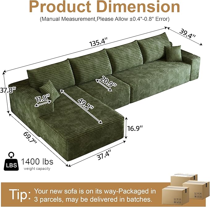 108" Sectional Couches for Living Room Modern Modular Sofa with L-Shape Couchs Upholstered Boneless Couch Deep Seat Sectional Couch with Chaise (Green, Left Facing Chaise+3Seaters)-HomvellaHome