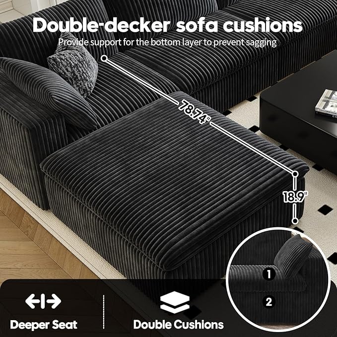 157.5" Cloud Couch Oversized Modular Sectional Sofa for Living Room,Modern Sofa with Deep Seat，U-Shape Boneless Couch with 2 Ottoman,Comfy Upholstered Couches for Apartment, Studio, Office,Black-HomvellaHome
