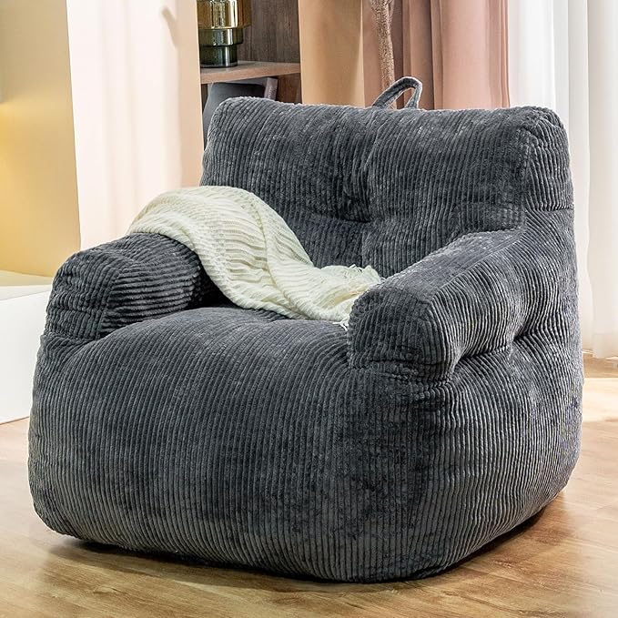 Giant Bean Bag Chair, Faux Fur Large Bean Bag Chair for Adults, Fluffy and Comfy Giant Bean Bag Chair with Filler, Big Bean Bag Sofa Chair for Reading, Gaming, Grey-HomvellaHome