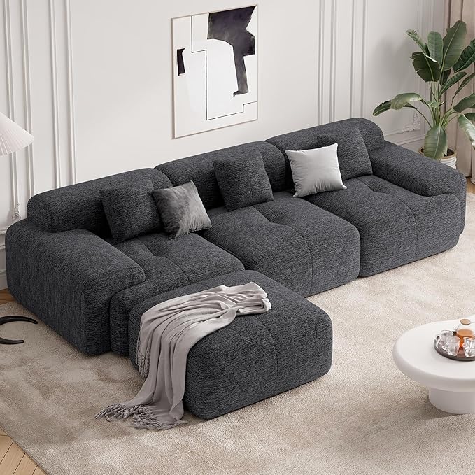 122" Modern L Shaped Modular Sectional Sofa, Boneless Couches for Living Room with Ottoman,4 Seater Convertible Chenille Cloud Couch Sofa Set, No Assembly Required, Grey-Black 1 PCS-HomvellaHome