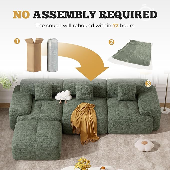 122" Modern L Shaped Modular Sectional Sofa, Boneless Couches for Living Room with Ottoman,4 Seater Convertible Chenille Cloud Couch Sofa Set, No Assembly Required, Green 1 PCS-HomvellaHome