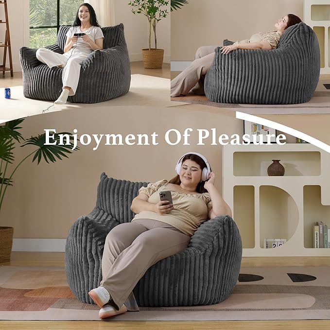 Giant Plush Bean Bag Chair for Adults with Armrests - Oversized Comfy Grey Beanbag Lounge Lazy Floor Sofa Accent Chair for Living Room, Bedroom & Dorm, Cozy Fluffy Single Cloud Mini Couch-HomvellaHome