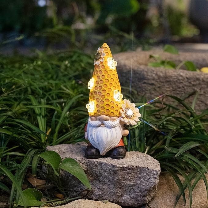 Garden Gnome Statue Solar Powered with Glowing Bees Sunflower Outdoor Funny Resin Figurine Decorations for Patio Yard Lawn Porch Housewarming Ornament Gift-HomvellaHome