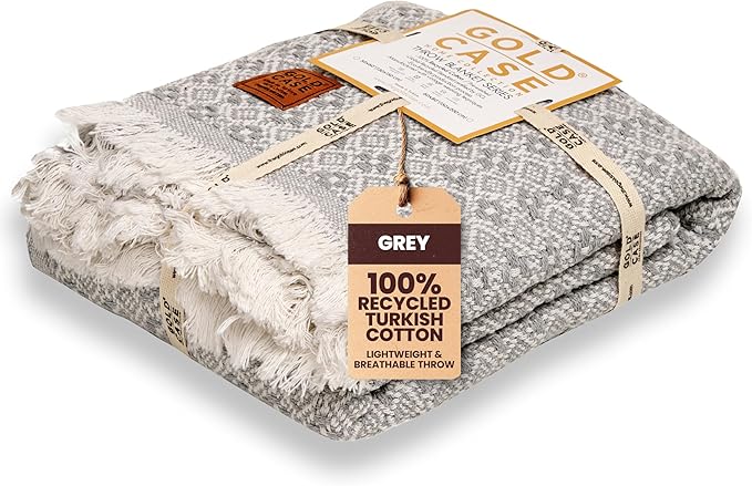 Gold Case Throw Blanket for Couch – 100% Recycled Turkish Cotton Blankets & Throws – Elegant Decorative Throw Blankets for Living Room Sofa – Woven Throws for Couch – Retro Grey – 50x60-HomvellaHome