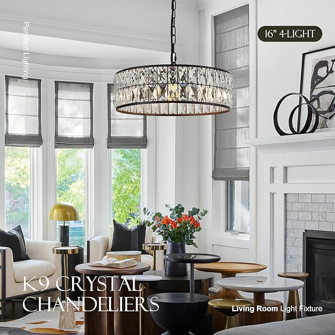 16” 4-Light Modern Crystal Chandeliers Black Dinning Room Light Fixture, Round Pendant Light Kitchen Island Chandelier, Flush Mount Ceiling Light for Living Room Entryway Bedroom Foyer-HomvellaHome