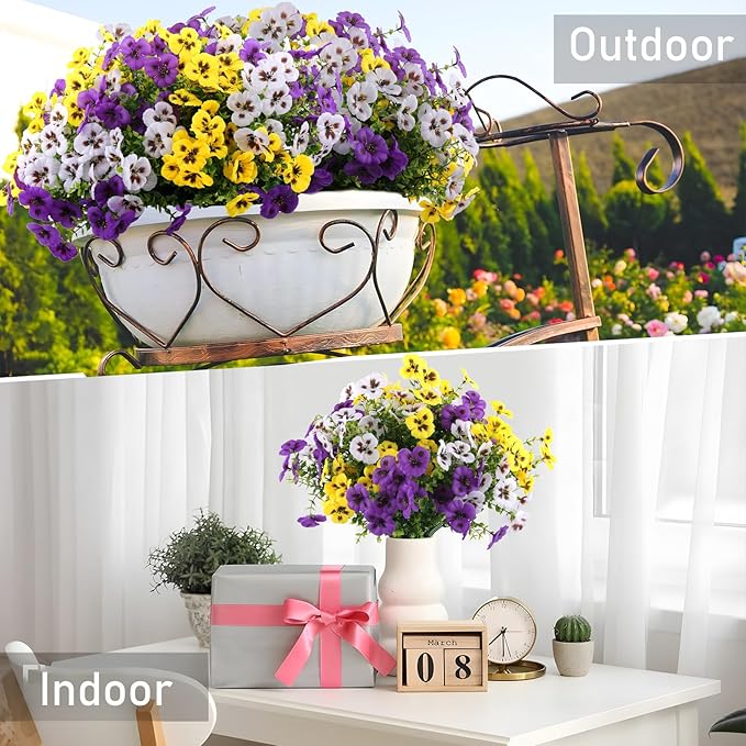 18 Bundles Artificial Fake Pansy Flowers for Outdoor, Faux UV Resistant Silk Pansies Flowers for Outside Planter Front Door Porch Yard Patio Window Box Home Decor (18, Purple, Yellow, White)-HomvellaHome