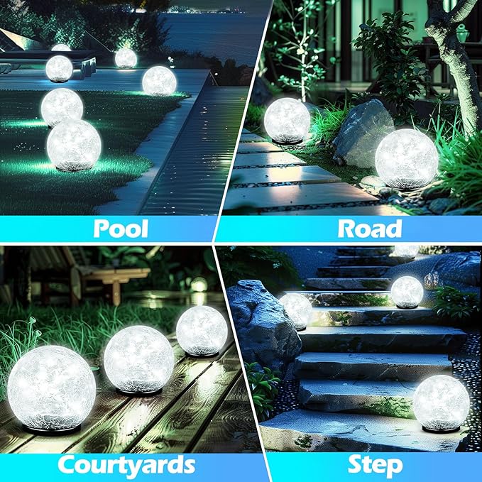 Garden Solar Ball Lights Outdoor Waterproof, 80 LED Cracked Glass Globe Solar Power Ground Lights for Path Yard Patio Lawn, Outdoor Decoration Landscape White (2 Pack 5.9'')-HomvellaHome