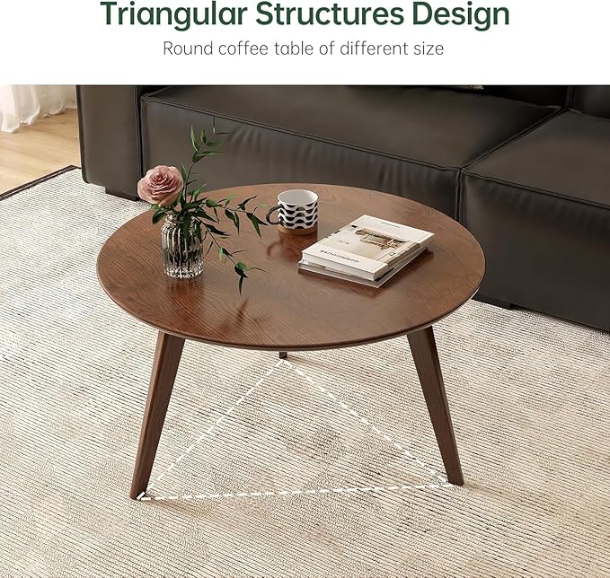 100% Solid Oak Wood Coffee Table Set, Round Coffee Table Combo Side Table w/Solid Wood Legs, Mid Century Table Sturdy Tables for Bedroom Balcony Living Room (Walnut, 3 Pieces)-HomvellaHome