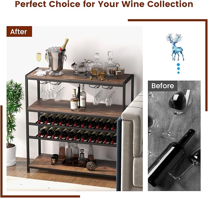 GOFLAME Industrial Wine Rack Table, Wine Bar Cabinet with 2-Tier Wine Rack, 4 Row Glass Holder and Storage Shelves, Freestanding Floor Liquor Storage Stand for Kitchen, Dining Room, Rustic Brown-HomvellaHome