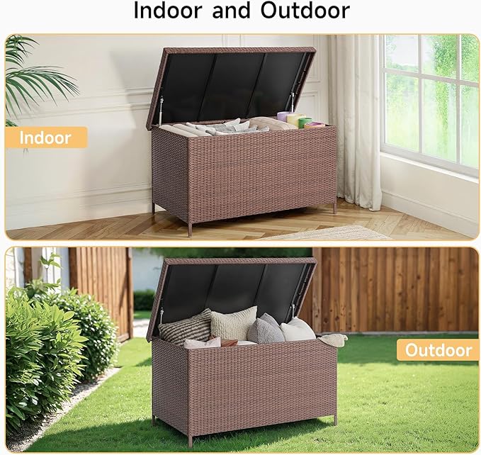 158 Gallon XL Deck Box with Lid, All Weather Wicker Outdoor Storage Box Waterproof, Large Outdoor Patio Storage Bin for Cushions, Garden Tools, Gears, Pool Accessories, Brown-HomvellaHome