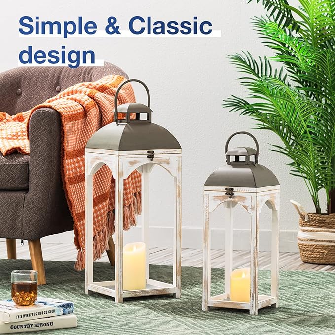 Glitzhome Set of 2 Mondern Farmhouse Wood Metal Lanterns Decorative Candle Lanterns, White (No Glass)-HomvellaHome