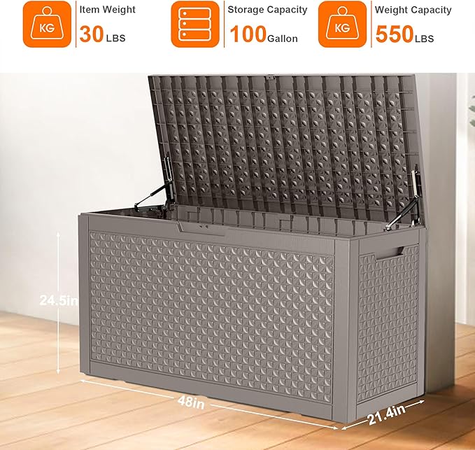 100 Gallon Resin Deck Box, Lockable Outdoor Storage Box for Patio Cushions Storage Furniture,Garden Tools, Pool Supplies, Weatherproof and UV Resistant (Grey L)-HomvellaHome