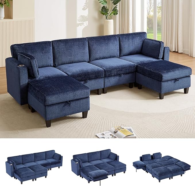 110" Modular Sectional Sofa, Convertible Sleeper Sofa Couch Bed with Adjustable Backrest, U-Shaped Chenille Cloud Couch with Ottoman Storage, Deep Seat Couches for Living Room,Blue-HomvellaHome
