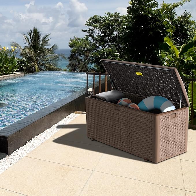 180 Pro Gallon Waterproof Outdoor Storage Bin Resin Deck Box for Patio, Poolside, and Garden, Lockable & UV-Resistant, Brown-HomvellaHome