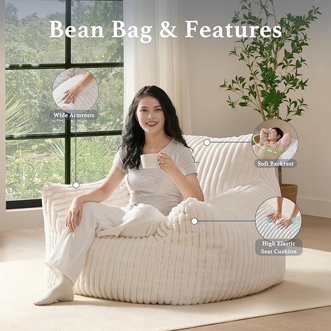 Giant Plush Bean Bag Chair for Adults with Armrests - Oversized Comfy Beige Beanbag Lounge Lazy Floor Sofa Accent Chair for Living Room, Bedroom & Dorm, Cozy Fluffy Single Cloud Mini Couch-HomvellaHome