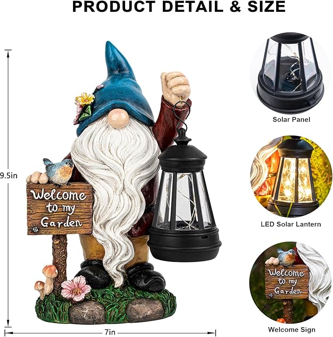 Garden Gnome Statues Figurine Lights - Solar Powered Lighting Outdoor Decorations with Lantern & Welcome Sign, Yard Art Lawn Ornaments for Porch Patio Balcony - Gnome Gifts for Women Mom-HomvellaHome