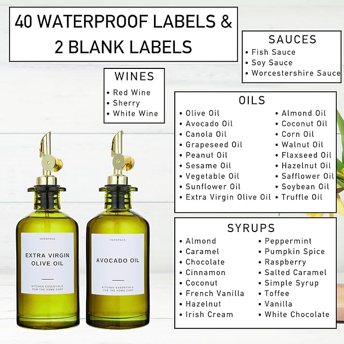 Green Glass Olive Oil Dispenser Bottle For Kitchen By Verpsace,Avocado Oil Dispenser Set, Modern Decor, Gold Kitchen Accessories for Home, Airbnb, Cafe (Gold, Set of 2)-HomvellaHome