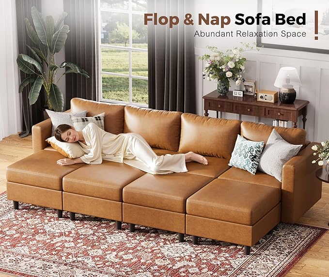 118.5" Faux Leather Modular Sectional Sofa, L Shaped Couch Set for Living Room, 5-Seater Comfy Cloud Couches with Movable Storage Ottoman,DIY Combination - Brown-HomvellaHome