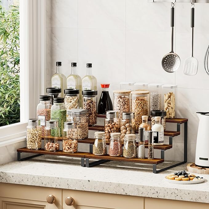 Giikin 4 Tier Spice Rack, Set of 2 Wooden Spice Rack for Countertop, Kitchen Counter Storage Shelves Cupcake Stand Holder Display Stand, Rustic Brown-HomvellaHome