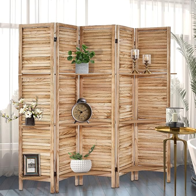 Room Divider with Shelves, Privacy Screen, Room Dividers and Folding Privacy Screens, 5 Panel Wood Temporary Wall Partition Separation Separator, Natural-HomvellaHome