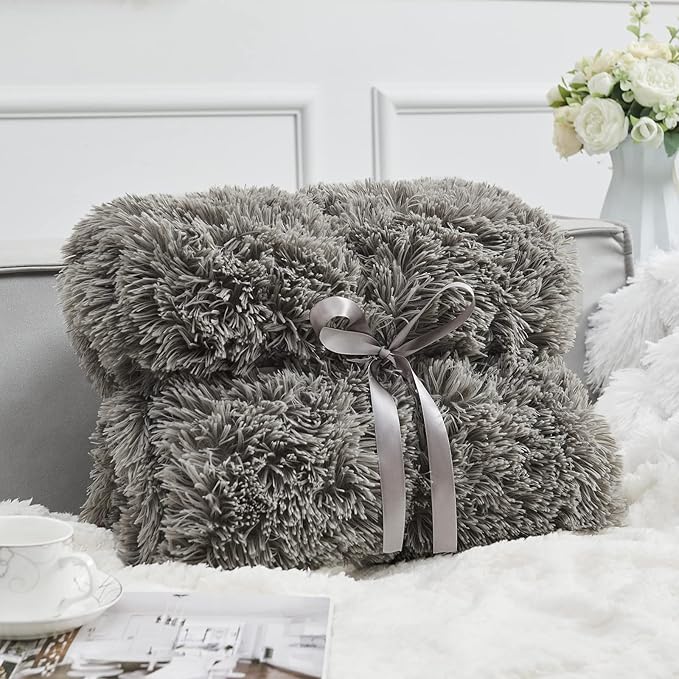GONAAP Fuzzy Faux Fur Throw Blanket Queen Size Light Grey Super Soft Cozy Plush Fuzzy Shaggy Blanket for Couch Sofa Bed (Light Grey, Queen(90"x90"))-HomvellaHome