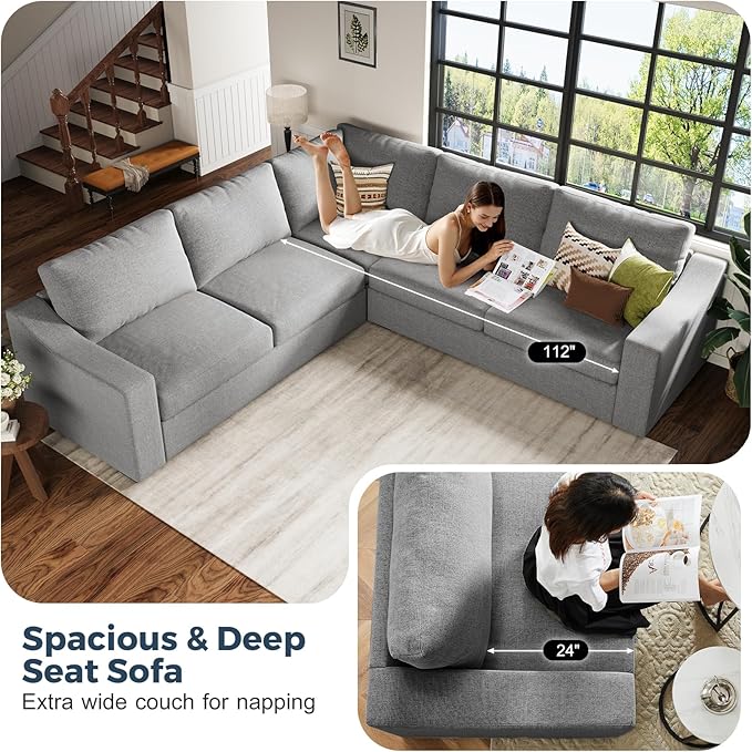 112" L Shaped Sectional Sofa with Detachable Sofa Cover, Reversible Sectional Modular Couch for Living Room, Linen Fabric Corner Couch with 7 Seats, Grey-HomvellaHome