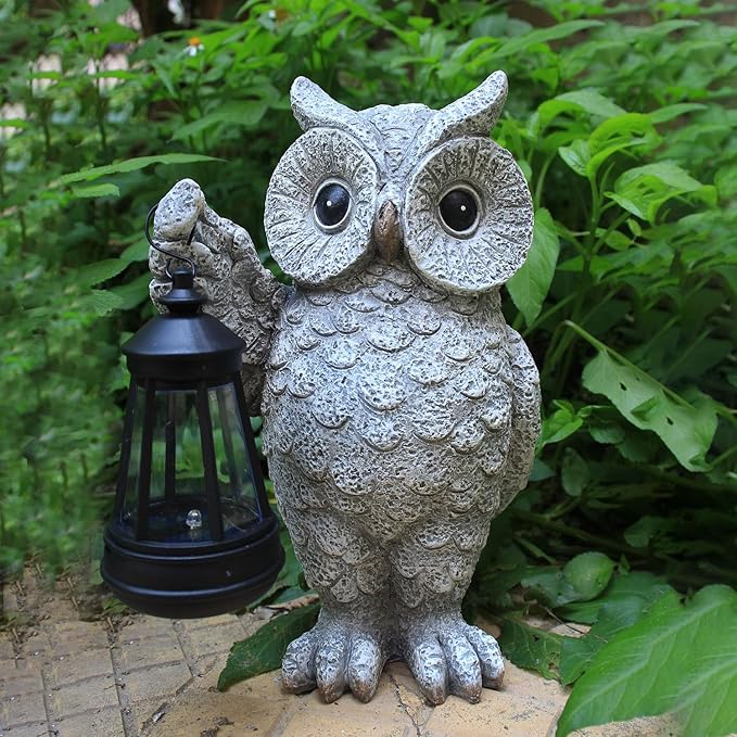 Garden Statues, owl Outdoor Figurines Decorated with Solar Lights, Unique Christmas Birthday Gifts for Moms, Grandmas, Women, Wives, Sisters (Grey Owl1)-HomvellaHome