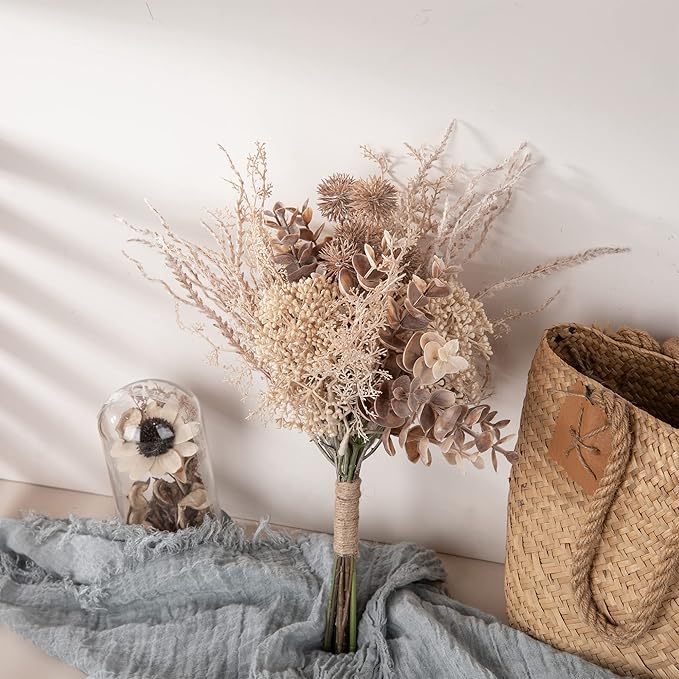 2 Pack Boho Artificial Flowers Plants Bouquet Decoration 13.8inch, Fake Plastic Brown Eucalyptus and Beige Grasses, Faux Floral Arrangement for Wedding Centerpieces Party Home Fall Decor-HomvellaHome