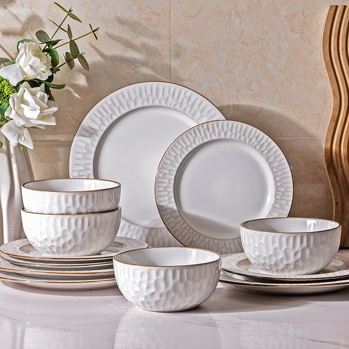 GBHOME Ceramic Dinnerware Sets,12 pcs Embossed Elegant Stoneware Plates and Bowls Sets, Housewarming Wedding Gift | Dishwasher & Microwave Safe | Dishes Set Service for 4-HomvellaHome