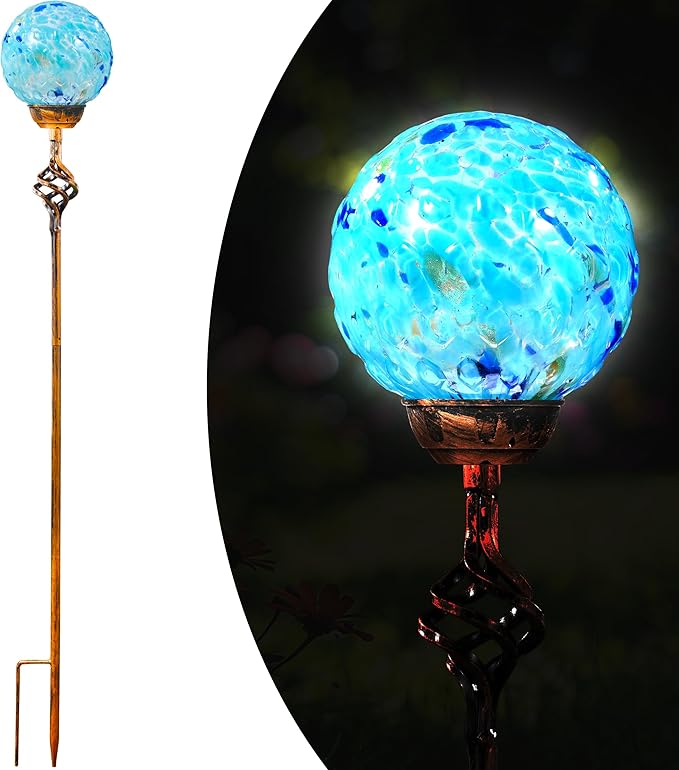 Garden Solar Lights, Decorative LED Honeycomb Glass Ball Garden Stake, Glass and Metal Outdoor Decoration, 4 x 31 Inch (Light Blue)-HomvellaHome