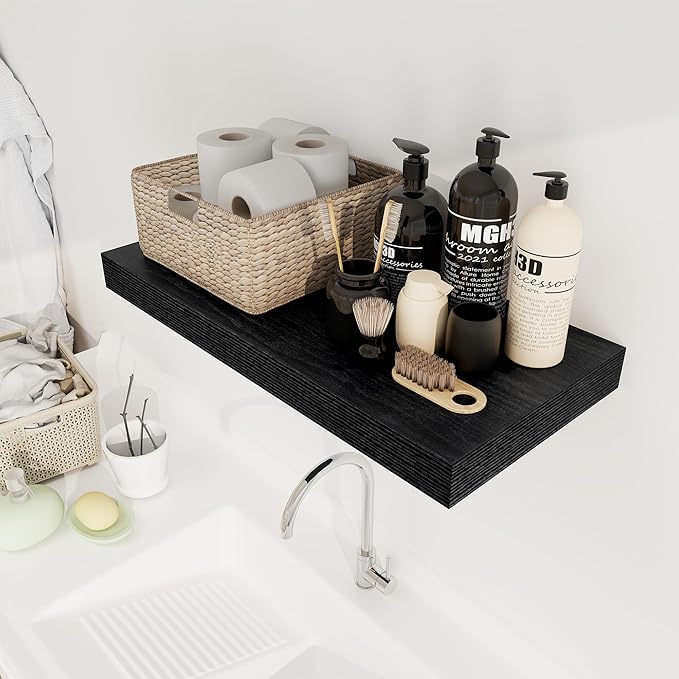 12 Inch Deep Black Floating Shelves, 24 x 12 Floating Shelf for Books, Rustic Wood Deep Wall Shelves for Home Storage & Display, 2" Thicked Shelves for Kitchen, Living Room, Bedroom, 2 Pack-HomvellaHome