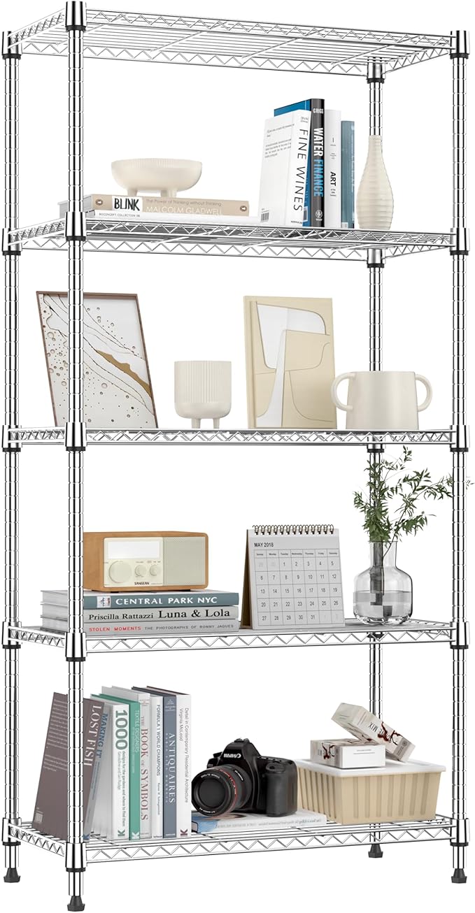 1250 lbs 5 Tier Shelf Metal Storage Shelves Shelving Wire Rack Heavy Duty Closet Organizers for Garage Kitchen Bathroom Laundry Chrome 13.8" D x 29.5" W x 59.5" H-HomvellaHome