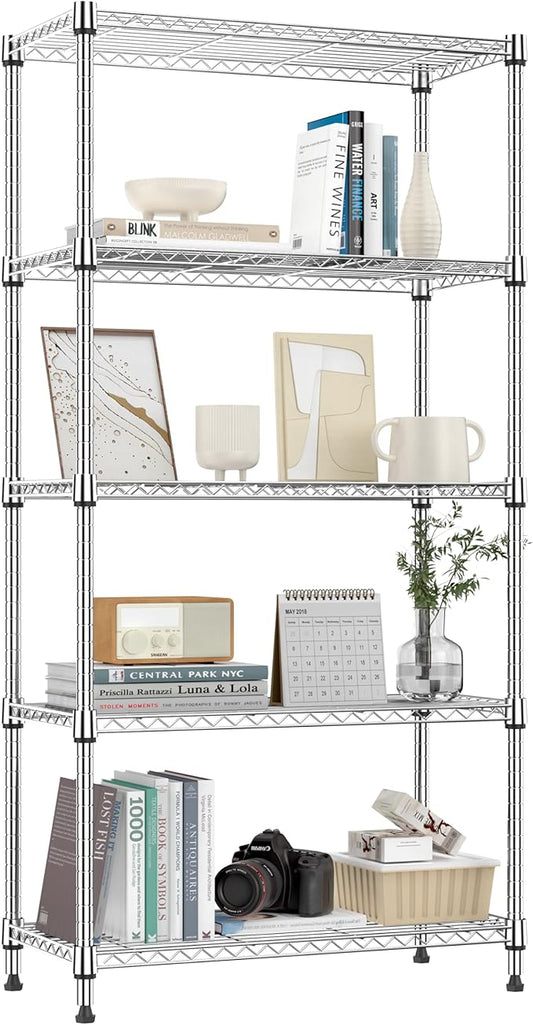 1250 lbs 5 Tier Shelf Metal Storage Shelves Shelving Wire Rack Heavy Duty Closet Organizers for Garage Kitchen Bathroom Laundry Chrome 13.8" D x 29.5" W x 59.5" H-HomvellaHome