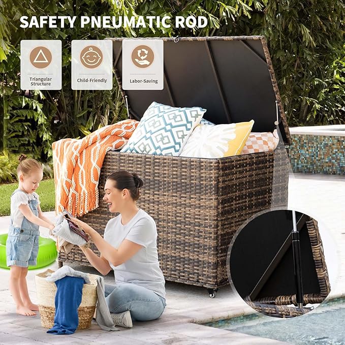 178 Gallon Outdoor Storage Box, Handle Large Portable Wicker Rattan Deck Box for Patio Furniture Cushions, Patio Deck Box with 2 WheelsThrow Pillows, Garden Tools and Pool Floats (Brown)-HomvellaHome
