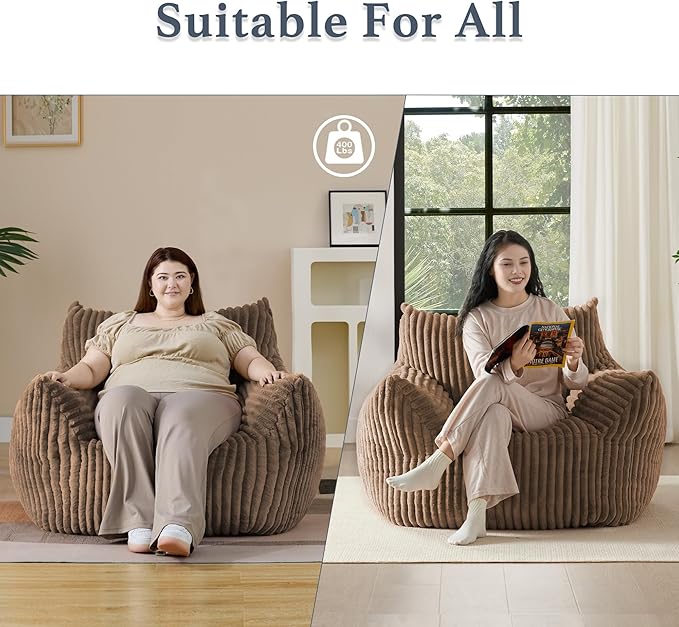 Giant Plush Bean Bag Chair for Adults with Armrests - Oversized Comfy Khaki Beanbag Lounge Lazy Floor Sofa Chair for Living Room, Bedroom & Dorm, Cozy Fluffy Single Cloud Mini Couch-HomvellaHome