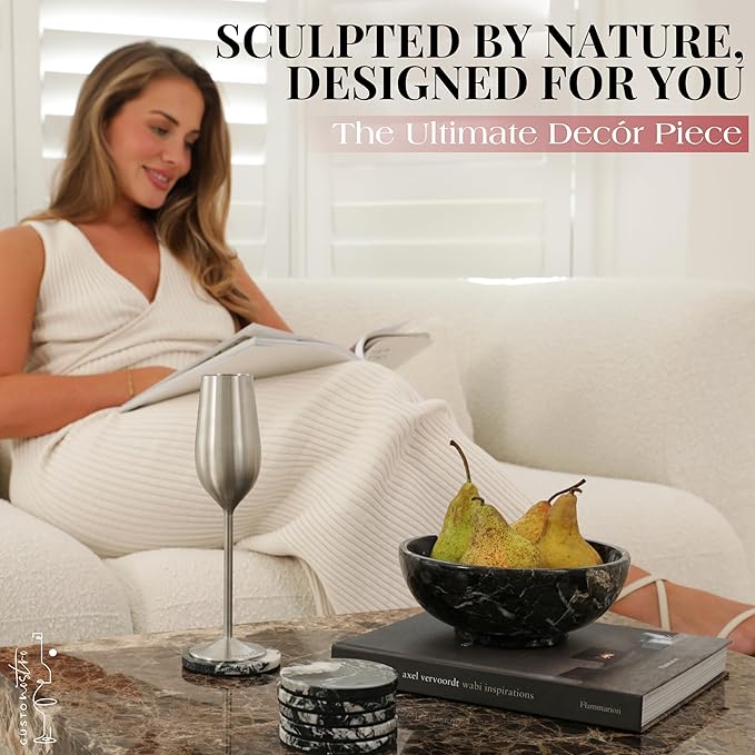 Gusto Nostro 8" Luxury Black Marble Decorative Bowl for Coffee Table - Elegant Modern Fruit Bowl for Kitchen Counter - Heavy Stone Entryway Catch all for Keys, Jewelry, Potpourri Holder Centerpiece-HomvellaHome