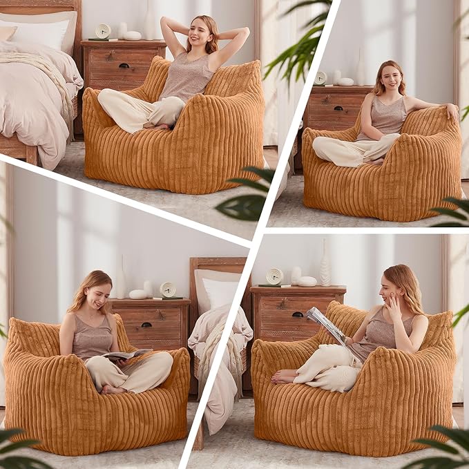 Giant Bean Bag Chairs for Adults Teens, Large Bean Bag Sofa Chairs with Filling Comfy Fuzzy BeanBag Chair with Armrests for Bedroom Living Room Reading (Brown, Large)-HomvellaHome