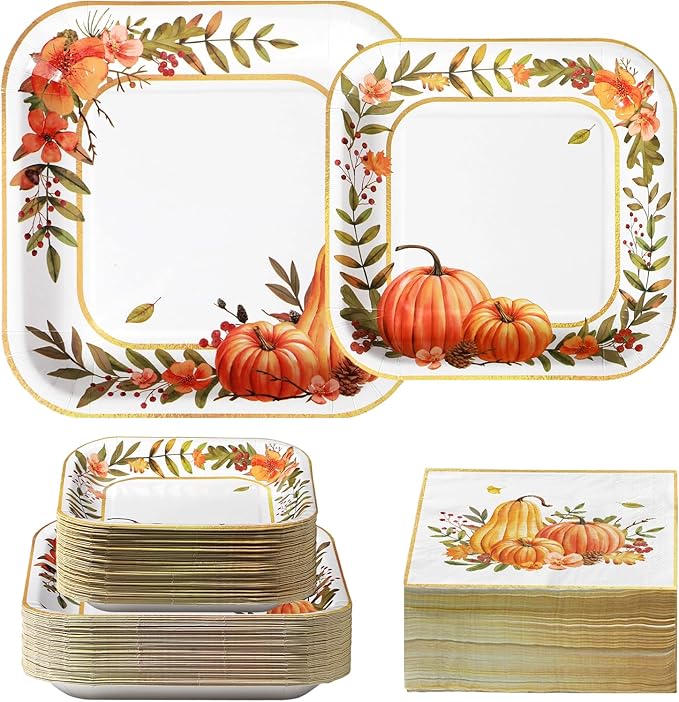 Grencian 200Pcs Fall Plates and Napkins Thanksgiving Plates Pumpkin Flower Wreath Plate Disposable Pumpkin Tableware Fall Party Supplies for Autumn Harvest Thanksgiving Party Decorations, Serves 50-HomvellaHome
