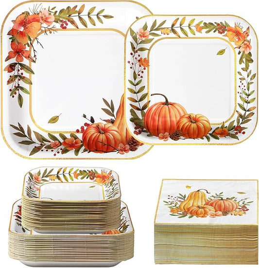 Grencian 200Pcs Fall Plates and Napkins Thanksgiving Plates Pumpkin Flower Wreath Plate Disposable Pumpkin Tableware Fall Party Supplies for Autumn Harvest Thanksgiving Party Decorations, Serves 50-HomvellaHome