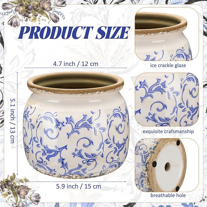 1 Pcs Vintage Planter Large Ceramic Plants Pot Blue Chinoiserie Crack Cottage Scroll Vase Flower Vase Pot Indoor Plants Home Kitchen Decor Farmhouse Antique Decorative Gift-HomvellaHome