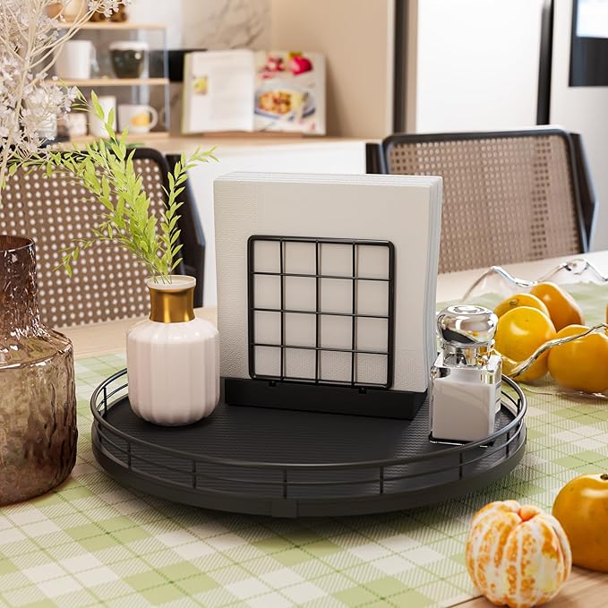 13" Lazy Susan Turntable Organizer for Table Top, Round Wooden Lazy Susan for Cabinet Kitchen Decor Centerpieces Coffee Table, Storage Condiments Spices, Bathroom Vanity Tray for Soap, Black-HomvellaHome