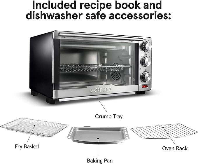 Gourmia GTF7350 6-in-1 Multi-function, Stainless Steel Air Fryer Oven - 6 Cooking Functions - Fry Basket, Oven Rack, Baking Pan & Crumb Tray, Included + Recipe Book-HomvellaHome