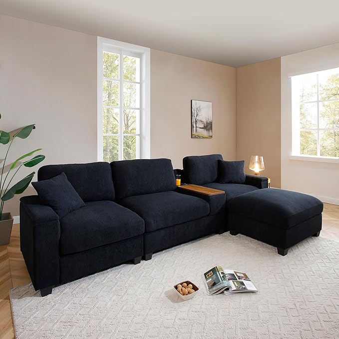 120.3" Modern L-Shaped Sectional Sofa with 360°Swivel Drop-Down Table, Storage Armrest, USB Ports & Movable Storage Ottoman – Plush Linen Cloud Couch for Lounge (Black)-HomvellaHome