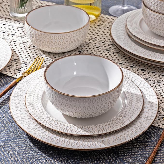 GBHOME Ceramic Dinnerware Sets, 24 pcs Embossed Elegant Stoneware Plates and Bowls Sets, Housewarming Wedding Gift | Dishwasher & Microwave Safe | Dishes Set Service for 8-HomvellaHome