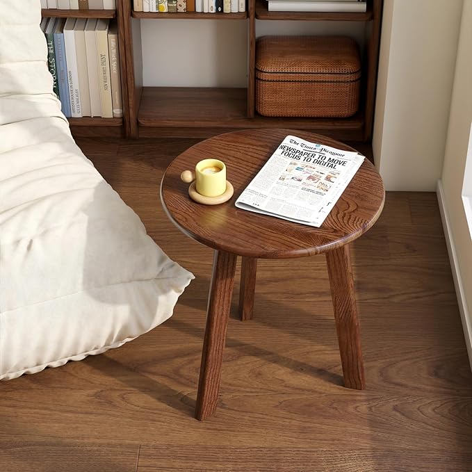 100% Solid Oak Round Side Table, Small Bedside Table for Small Spaces, Living Room End Table with Stable Frame, Modern Nightstand for Bedroom Couch, (Walnut, 17.71" D x 19.68" H)-HomvellaHome