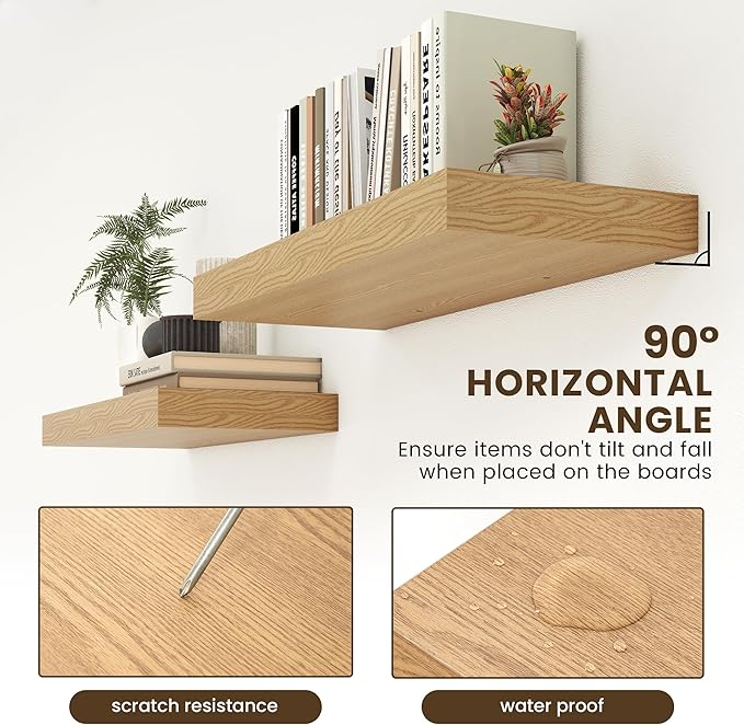12 Inch Deep Floating Shelves | 30W x 12D Rustic Floating Shelves for Wall Set of 2 | Oak Shelves for Living Room Bathroom Laundry Room Bedroom Kitchen Home Office - Oak-HomvellaHome